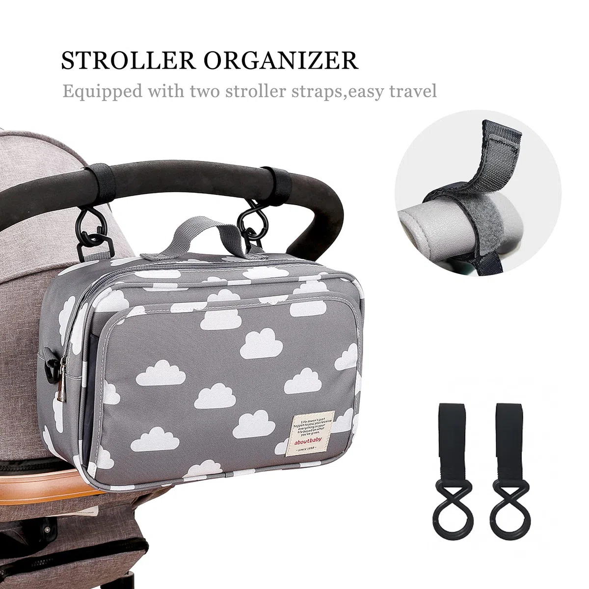 SONARIN Borsa Organizer per tutti i passeggini, Organizzatore Universale con portabicchieri, 2 ganci per carrozzina, usato come borsa da trasporto (Nube)