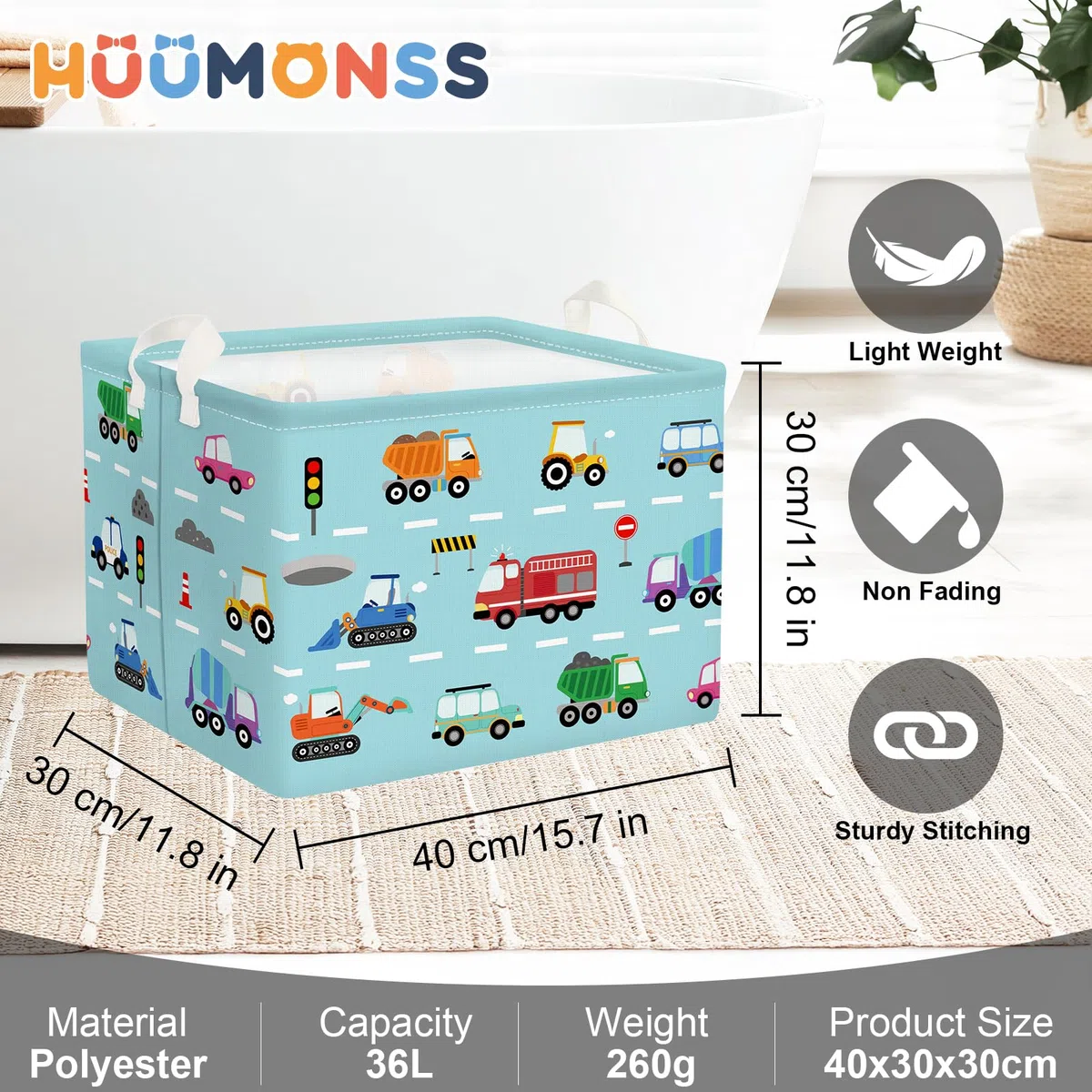 Grande Cesta Porta Biancheria Auto dei Cartoni Animati Pieghevole Cestini Portaoggetti Giocattoli Vestiti per Bambino Cesta Indumenti Sporchi per Bagno,Autopompa,36L