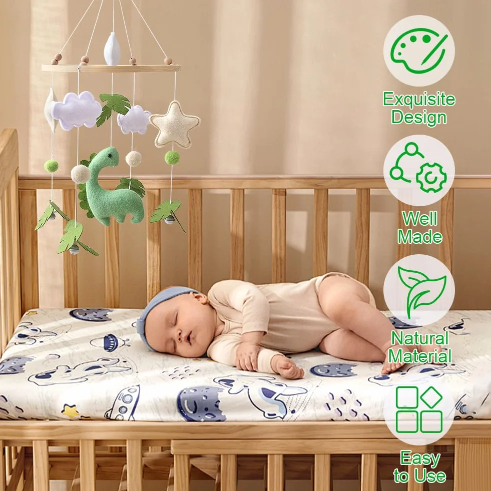 Giostrina Culla Neonato in Legno, con Feltro Dinosauri, Foglie, Nuvole e Stelle, Giostrina Neonato con Campanellino, Decorazioni per Cameretta, Regalo per Bambine o Bambini