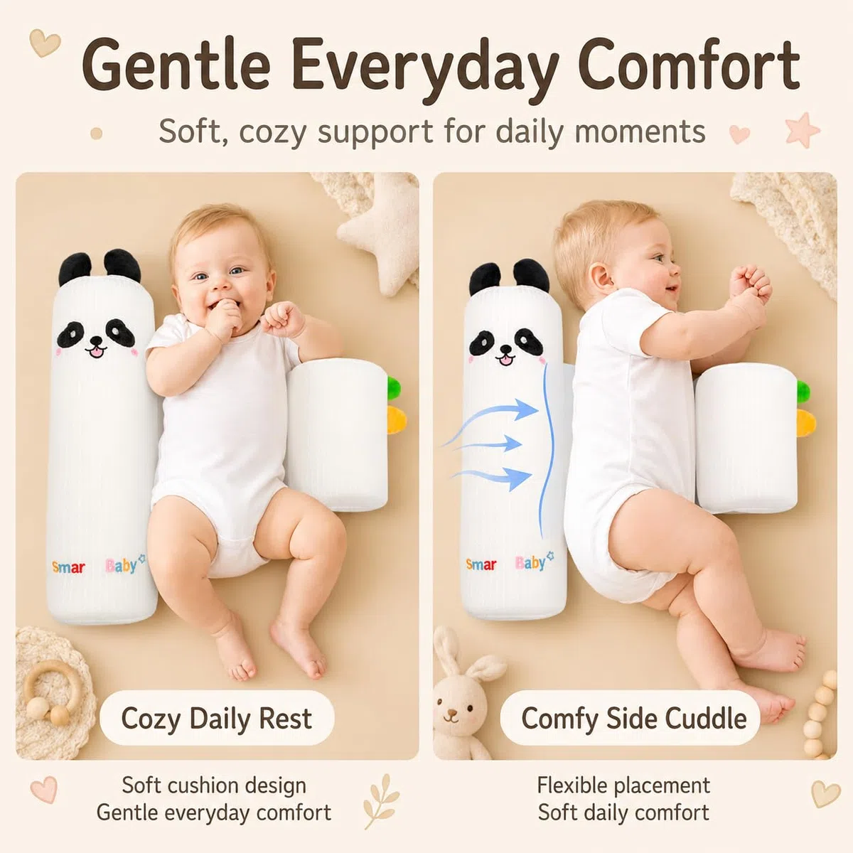 Cuscino Neonato Morbido e Regolabile, Cuscino Lettino Bambino con Supporto Ergonomico per il Riposo, Cuscino Laterale per Neonati, Fantasia Panda o Tigre (Panda)