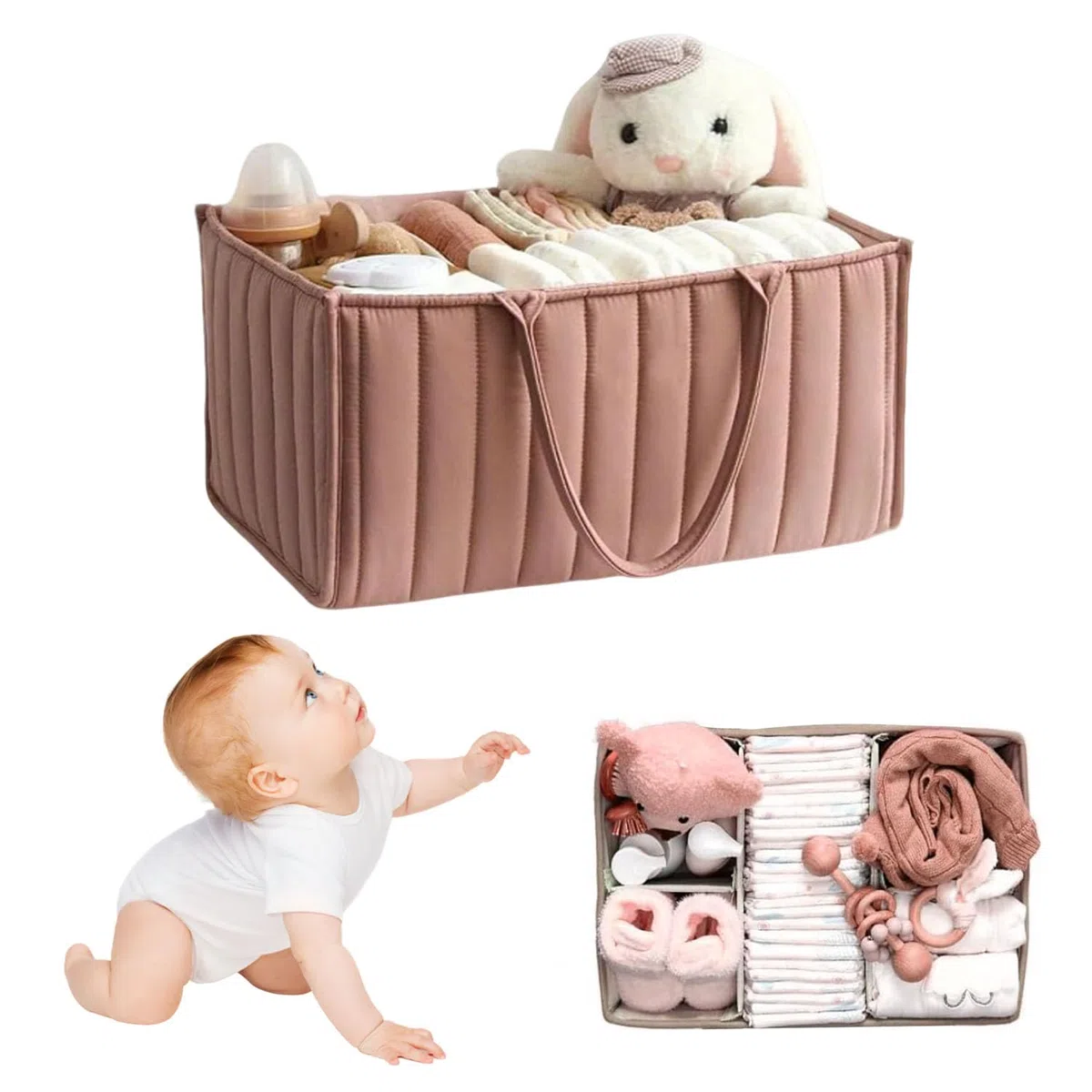Organizer Fasciatoio per Neonati, Organizzatore Portatile per Pannolini Cesto di Stoccaggio, con Scomparti Rimovibili, Cestino Portaoggetti per Neonati, Pieghevole Nursery Storage Borsa Basket