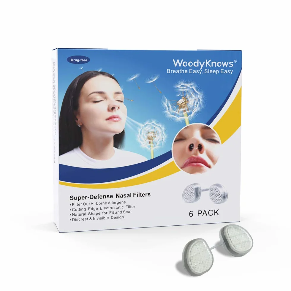 Filtri nasali WoodyKnows Super-Defense, aiuto per le allergie stagionali e l'inquinamento industriale, protezione per il trasporto pubblico e la toelettatura (Narice Stretta, M, 6 Pacco)