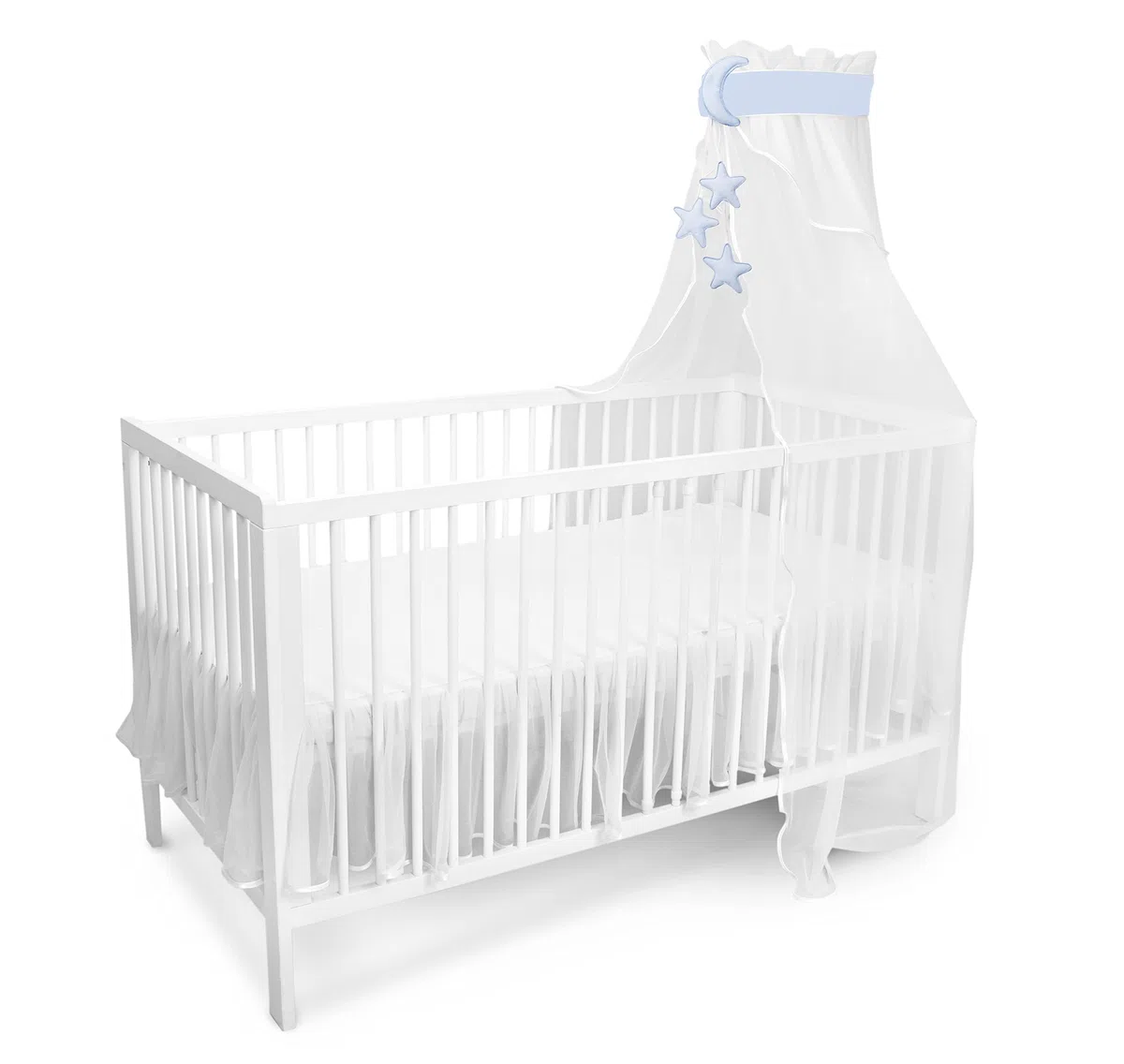 Amilian Cielo per lettino con fiocco, decorazione per la cameretta dei bambini, baldacchino, tenda da letto; cielo di luna/stelle blu chiaro (made in UE)