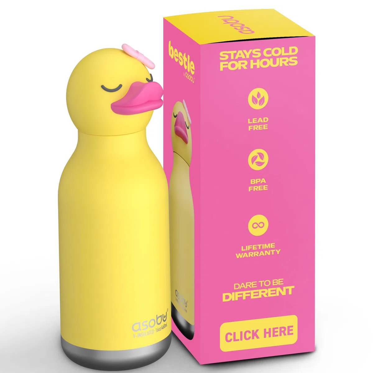 asobu Bestie - Borraccia isolata in acciaio inox, con morbida testa di animale rimovibile, per bambini e ragazzi, con cannuccia flessibile riutilizzabile (anatra)