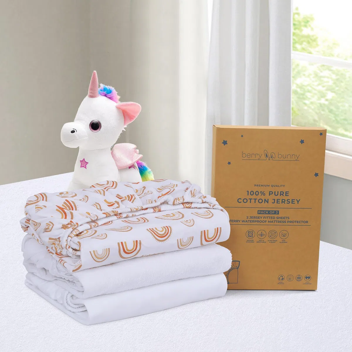 Berry & Bunny Confezione da 3 lenzuola per lettino da viaggio, 95 x 65 cm, 100% cotone, 2 lenzuola con angoli e 1 coprimaterasso impermeabile, morbide e traspiranti, per materasso per bambini, colore
