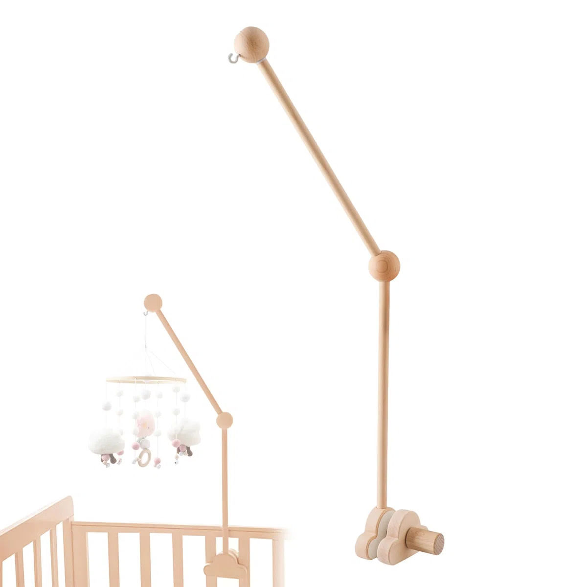 Braccio mobile per lettino da 27, 17 pollici Design a nuvola in legno Staccabile Gancio mobile per bambino regolabile in altezza Braccio per culla carino per letto Campana Campanelli eolici Gancio p