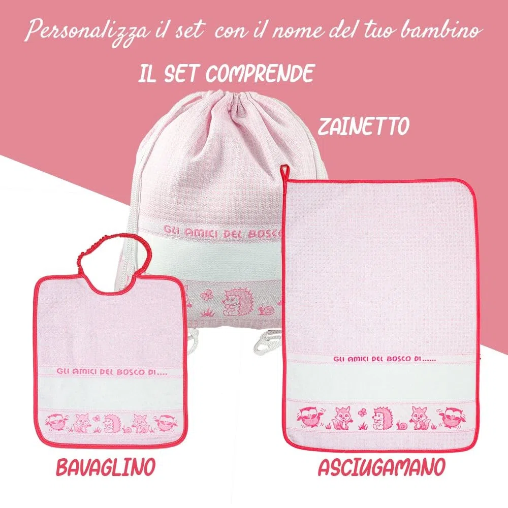 Bubabù SET ASILO PERSONALIZZATO BOSCO composto da 3 pezzi: bavaglino spugna con elastico cm.28x33, asciugamano cm.40x55, zainetto con fascia PERSONALIZZATI Cotone 100% Made in Italy