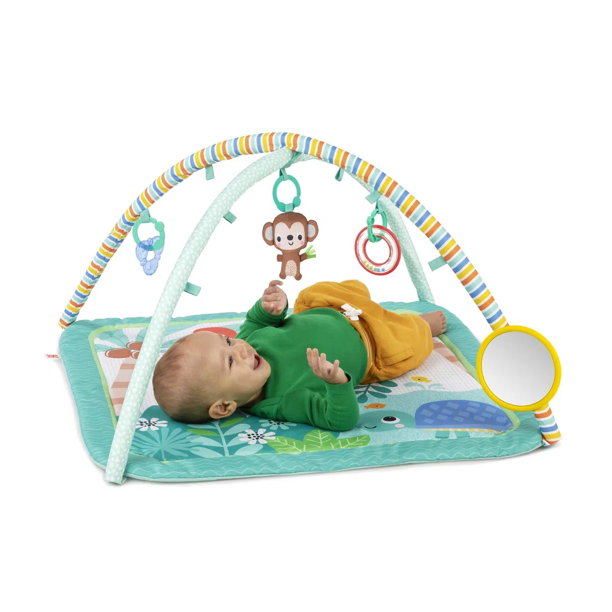 Bright Starts, Palestrina multiattivita' Palm Party, 4 giocattoli inclusi, arco giochi amovibile, 3 modalita' di gioco, leggera e da trasportare, Dal neonato in su