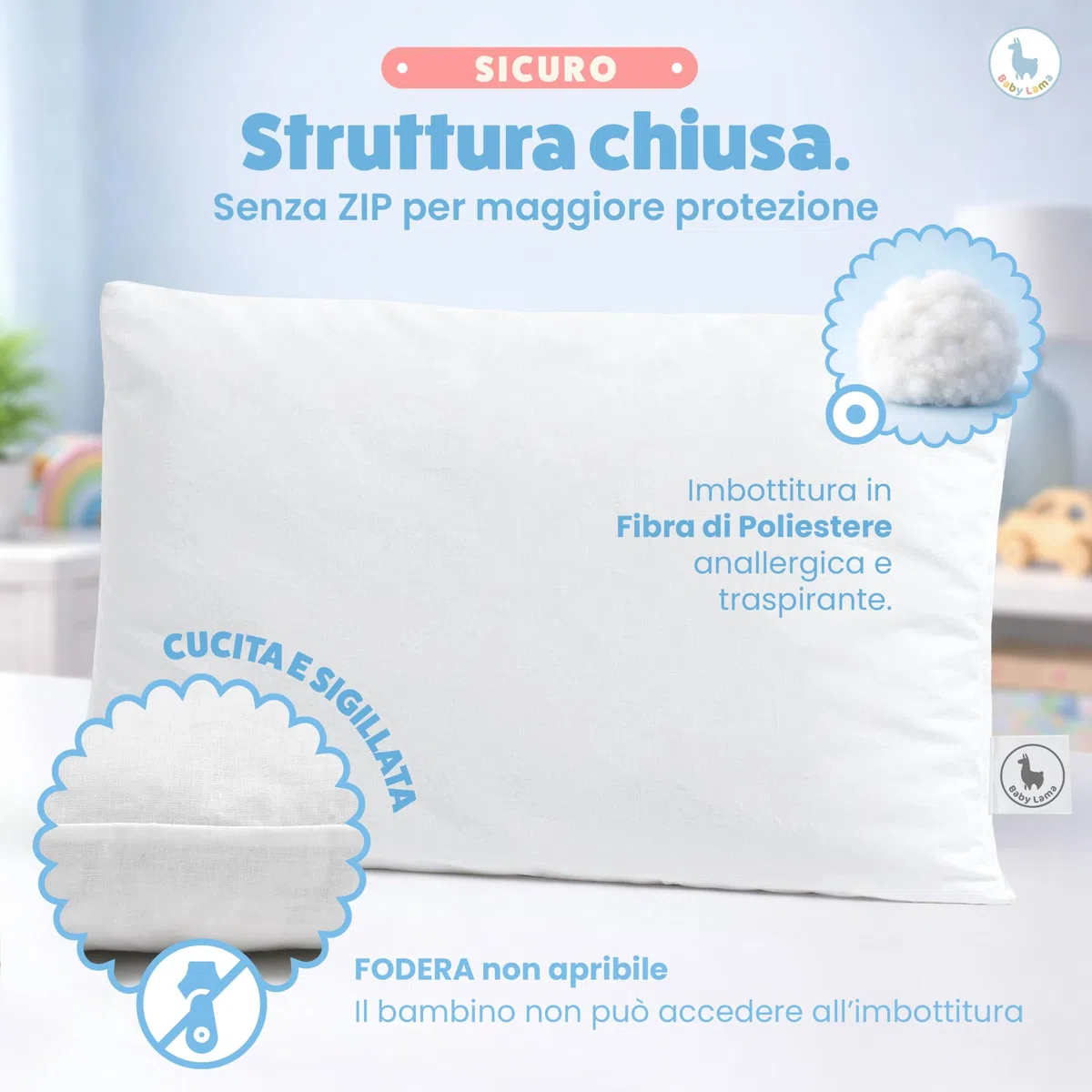 Baby Lama (2 Cuscini) Cuscino Bambino 2 Anni - 6 Anni. Cuscino Lettino Bambino Basso per Dormire 40x60. Cotone 100% Oeko-Tex – Ipoallergenico, Lavabile, Antisoffoco. Made in Italy (2)