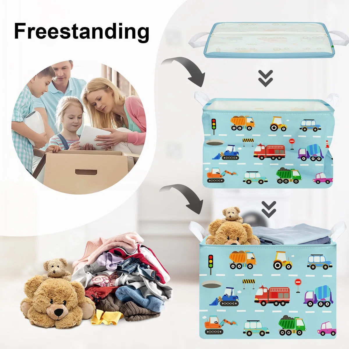 Grande Cesta Porta Biancheria Auto dei Cartoni Animati Pieghevole Cestini Portaoggetti Giocattoli Vestiti per Bambino Cesta Indumenti Sporchi per Bagno,Autopompa,36L