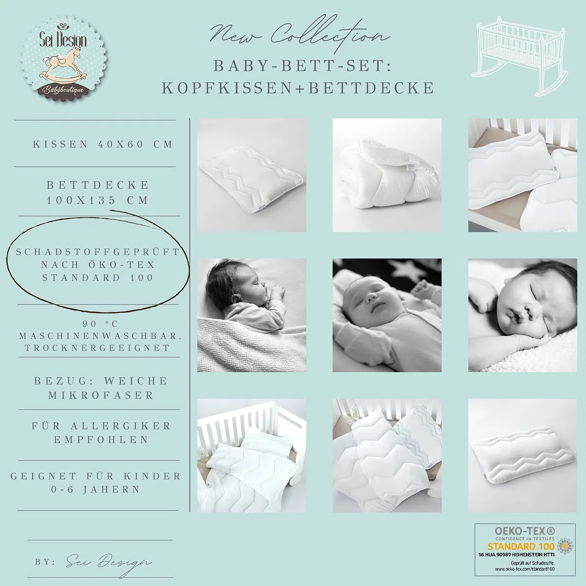 Sei Design Set Letto per bambini (cuscino bambino 40 X 60 + coperta bambino100 X 135). Privo di sostanze nocive secondo OEKO-TEX Standard 100 e per chi soffre di allergie