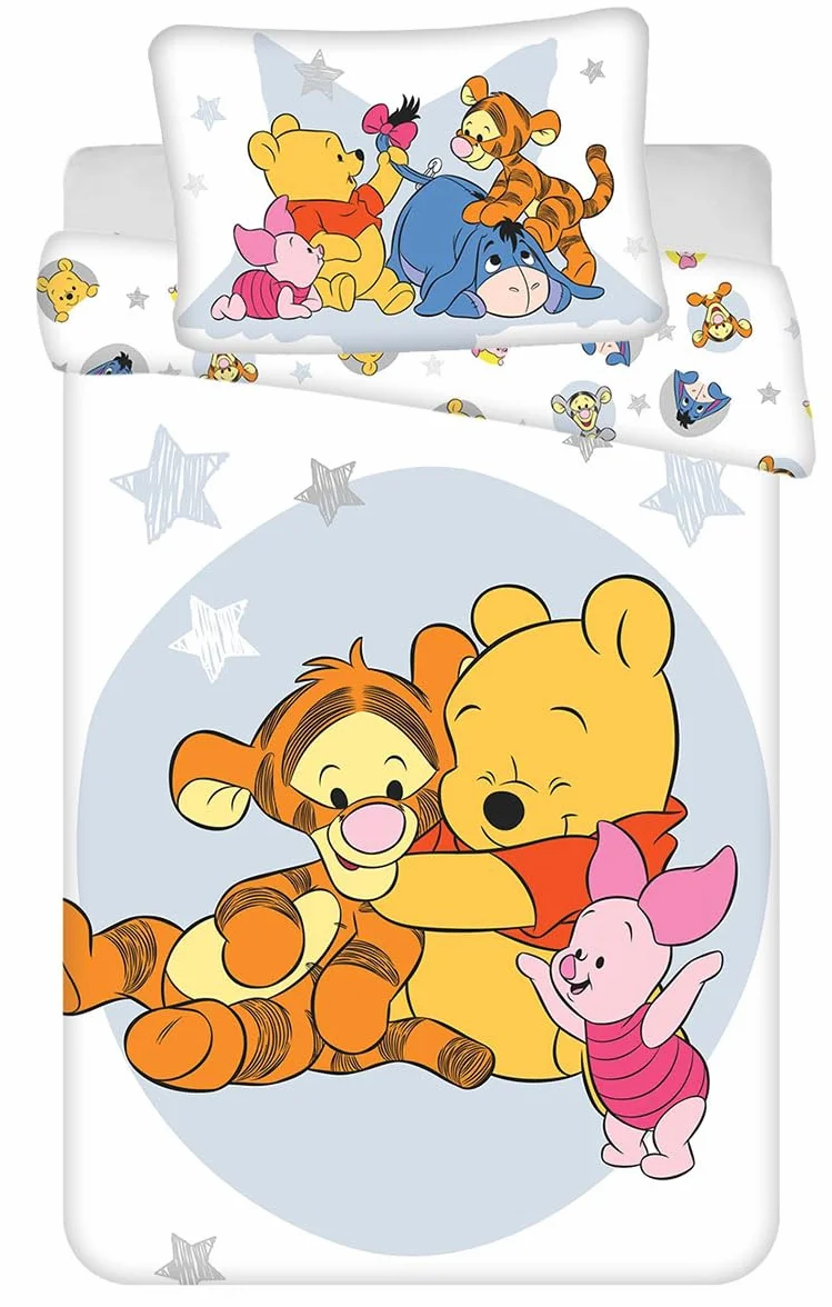 Jerry Fabrics Set di biancheria da letto Winnie the Pooh e i suoi amici per neonati o lettini, copripiumino reversibile 100 x 135 cm + federa 40 x 60 cm, 100% cotone, con Tigro, Ih-Oh e Porcellino