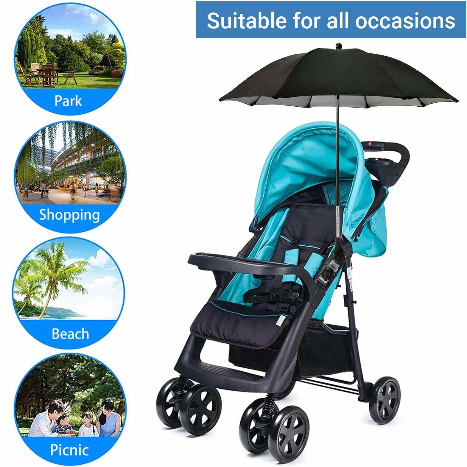 Ombrellino Parasole Passeggino, Ombrellino Passeggino Universale Anti UV 50+, Ombrello Parasole Passeggino con Un Manico, Ombrellone per Passeggino per Carrozzina e Passeggino,Nero