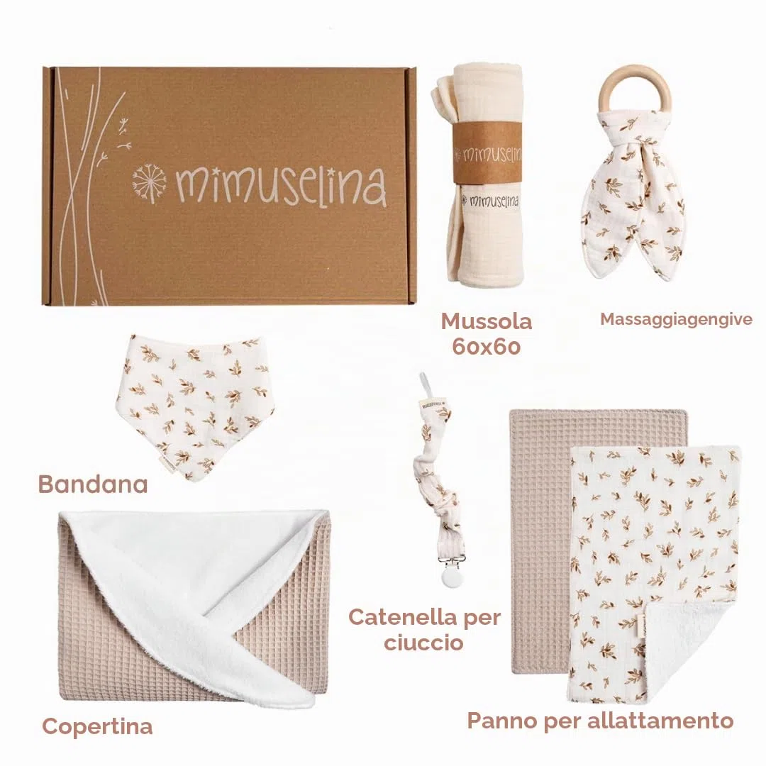 MIMUSELINA Set Regalo Neonato | Cesto Nascita Bimbo o Bimba | Regalo Nascita Originale | Regali Baby Shower Unisex | Cofanetto Neonato Disponibile in Diverse Dimensioni | Sahara, Small