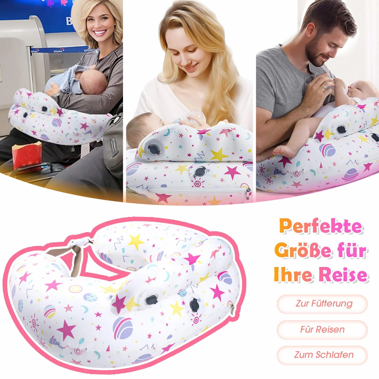 Cuscino gonfiabile per allattamento al seno - Cuscino da viaggio per l'alimentazione dei bambini, supporto per la mamma, cinghia regolabile in vita, fodera rimovibile in cotone 100% - Essenza