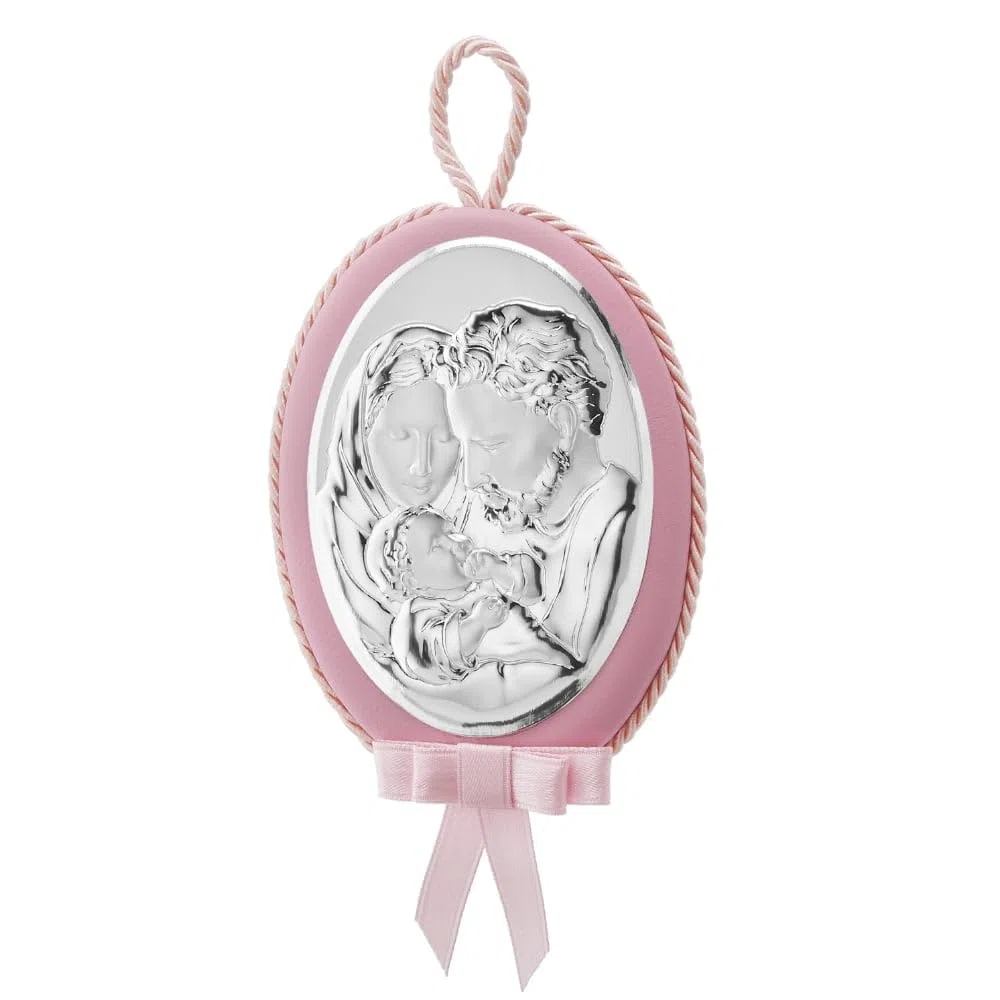 Medaglione Musicale Capoculla Sopraculla Ovale con Sacra Famiglia in Argento, Personalizzabile con Incisione del Nome, Idea Regalo per Nascita o Battesimo da Appendere alla Culla del Neonato Rosa