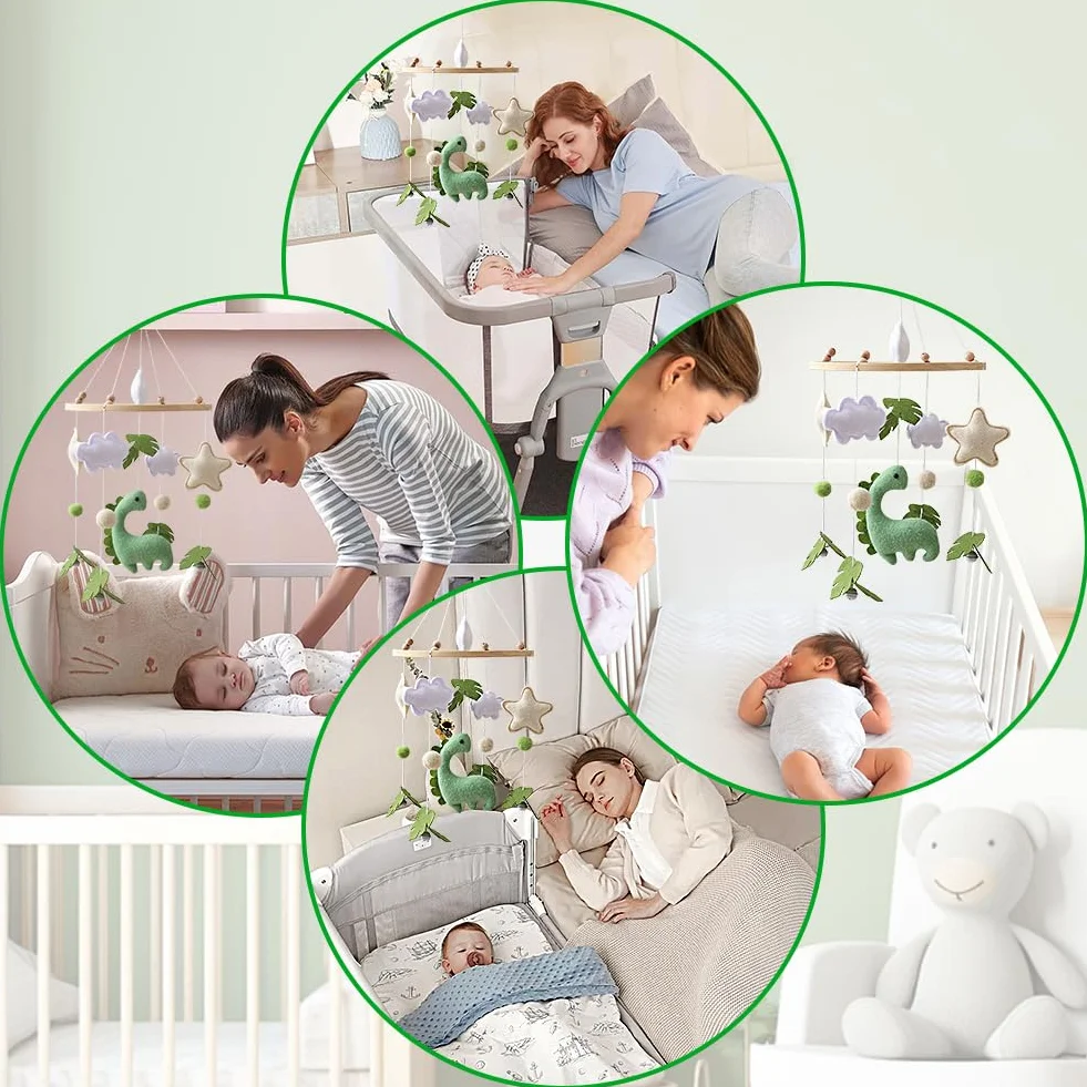 Giostrina Culla Neonato in Legno, con Feltro Dinosauri, Foglie, Nuvole e Stelle, Giostrina Neonato con Campanellino, Decorazioni per Cameretta, Regalo per Bambine o Bambini