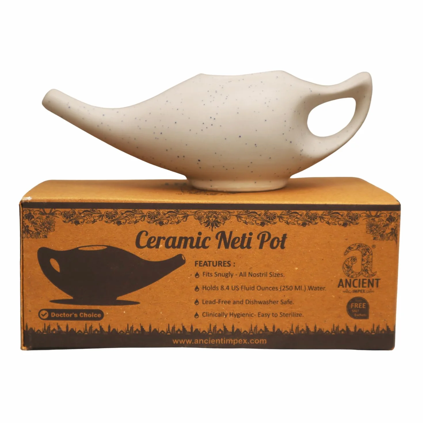 Neti Pot in ceramica per pulizia nasale Crackle Pattern Avorio | Vaso in ceramica Neti con 10 bustine di sale Neti + foglio illustrativo | Trattamento naturale per sinusale e congestione