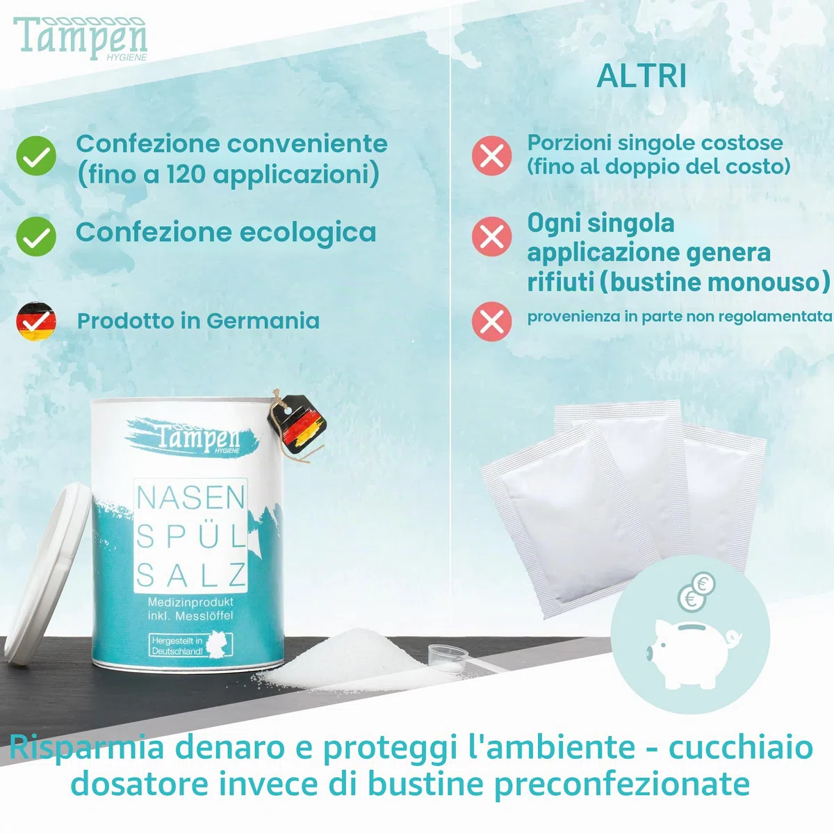 Tampen Hygiene, Nasenspülsalz, sale per lavaggi nasali (sfuso), con cucchiaio dosatore. 120 applicazioni. Ricarica da 300 g. Sale per docce nasali (etichetta in lingua italiana non garantita)