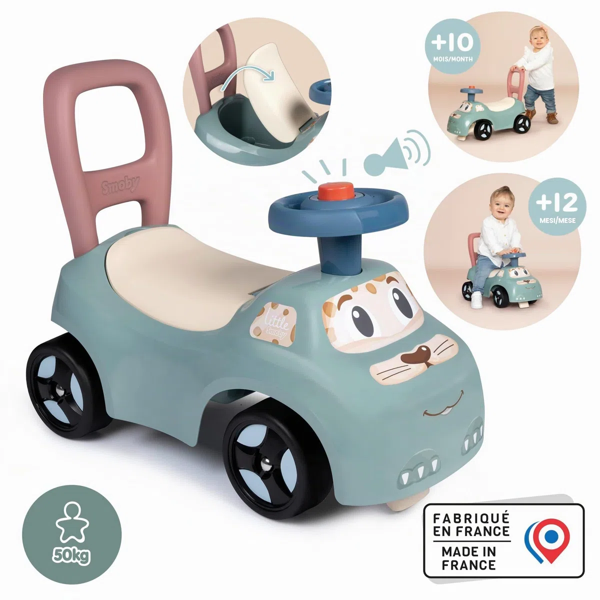 Little Smoby - Auto cavalcabile - Funzione girello - Volante - Contenitore per giocattoli - Dai 10 mesi - Prodotto in Francia