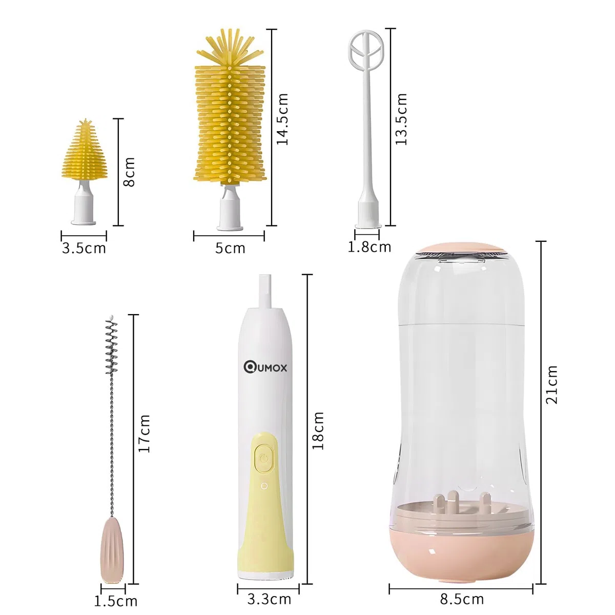 QUMOX Set di spazzole per biberon elettrico, kit di pulizia ricaricabile da 6 in 1 con custodia di conservazione-detergente per bottiglie di ricarica USB portatile con più teste di spazzole (giallo)