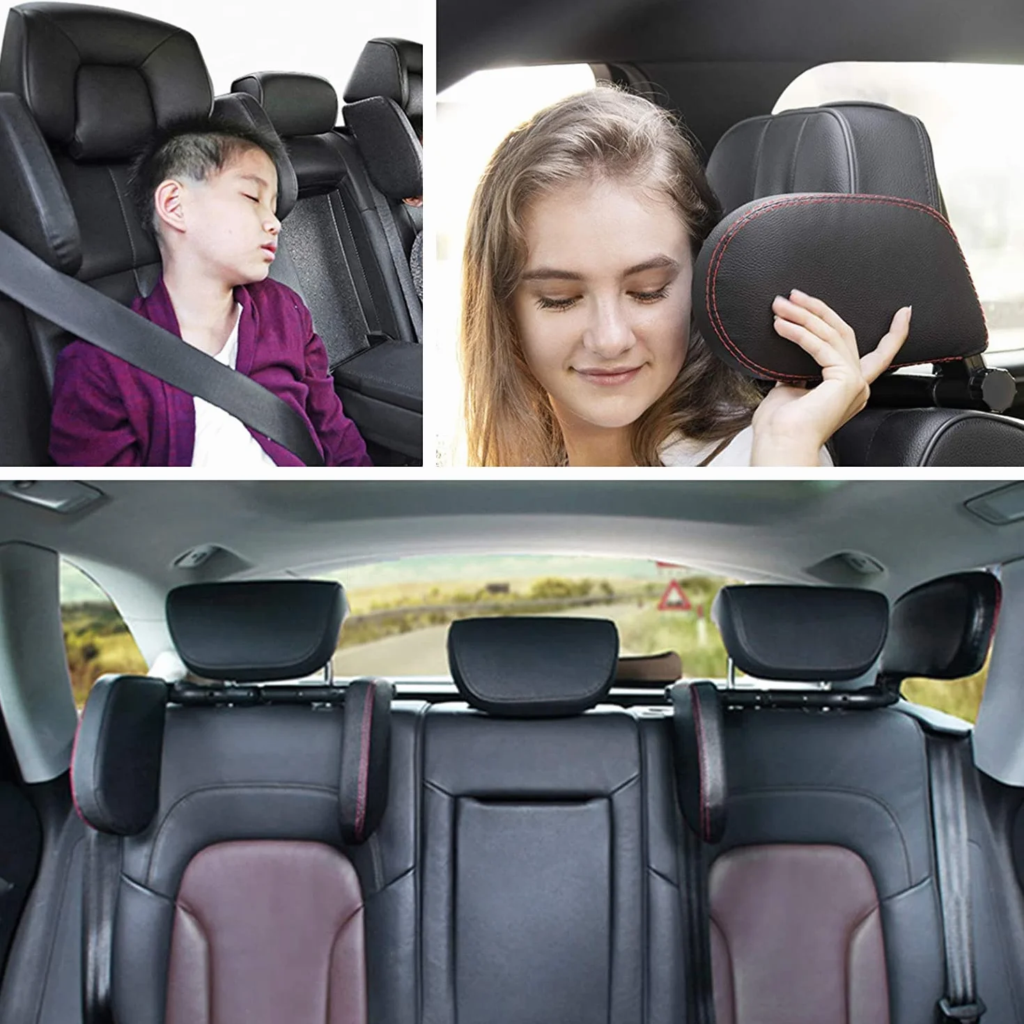 Poggiatesta Auto, Cuscino Poggiatesta per Auto, Poggiatesta da Viaggio Collo Auto Protezione Collo in Pelle con Memory Foam con Barra Scorrevole Regolabile per Seggiolino Bambini Adulti