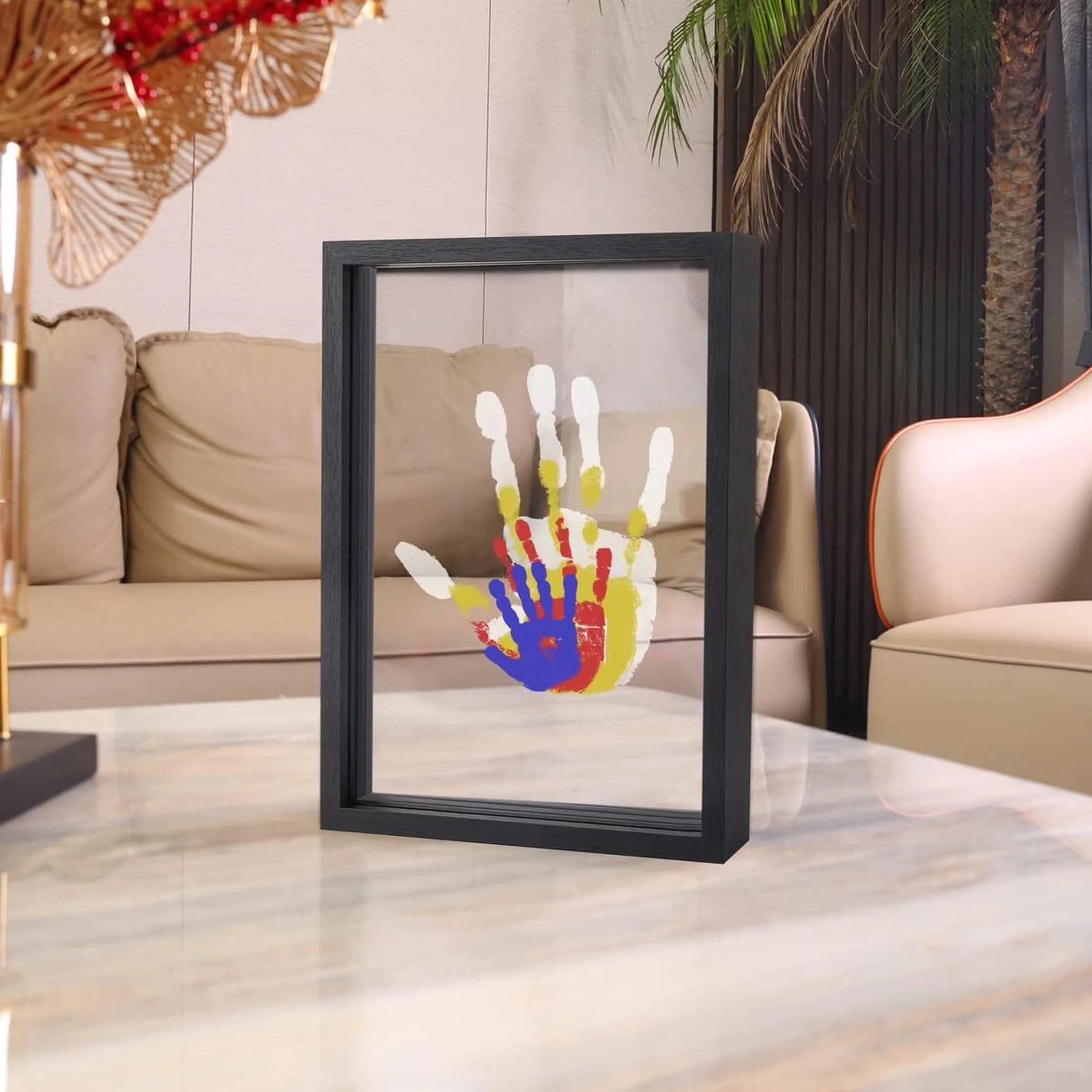 QSLKI Kit di Impronte di Mani per Famiglia, Nero, Cornice Impronta Mani e Piedi Neonati con Spazio, Kit di Impronte Delle Mani dei Membri Della Famiglia, 4 Deflettori, 6 Vernici, Stampa di Zampe