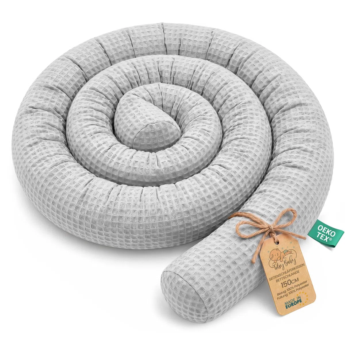 Totsy Baby Cuscino XXL a forma di serpente per letto, cuscino da allattamento, cuscino decorativo, protezione per il bordo del letto, paracolpi XL Grigio 150 cm Certificato Oeko-Tex