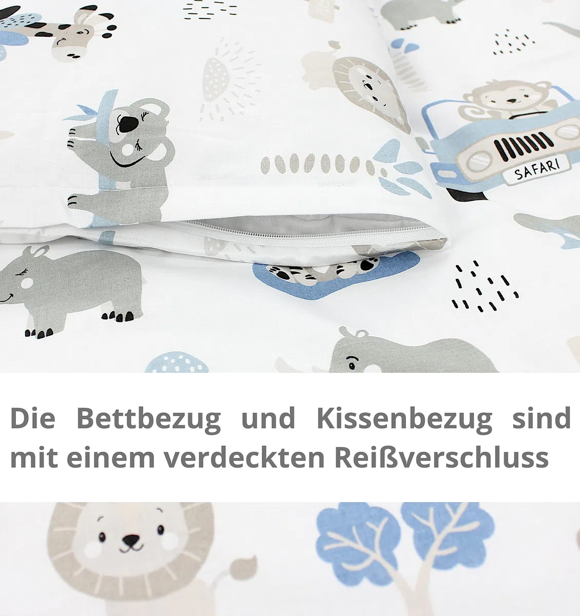 TupTam Biancheria da letto per bambini Ragazzi Ragazze Set 2 pezzi 100 x 135 cm + 40 x 60 cm, Zoo Blu, 120x90 cm