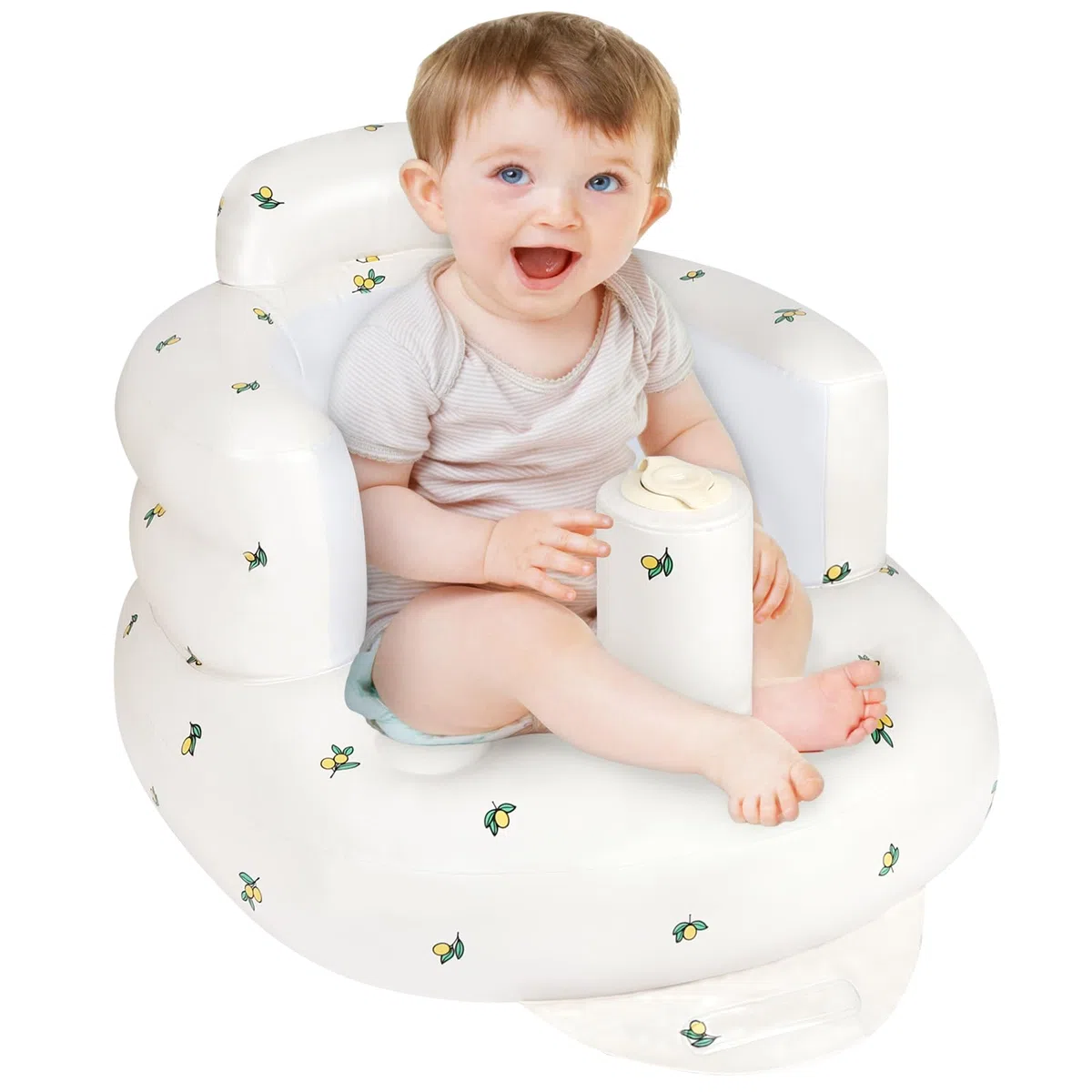 Seggiolino Gonfiabile per Neonati, Seggiolino rialzato portatile, Pompa dell'aria incorporata, supporto per la schiena del bambino, Adatto per esterni, bagno, sala da pranzo(Fiori D'olivo)