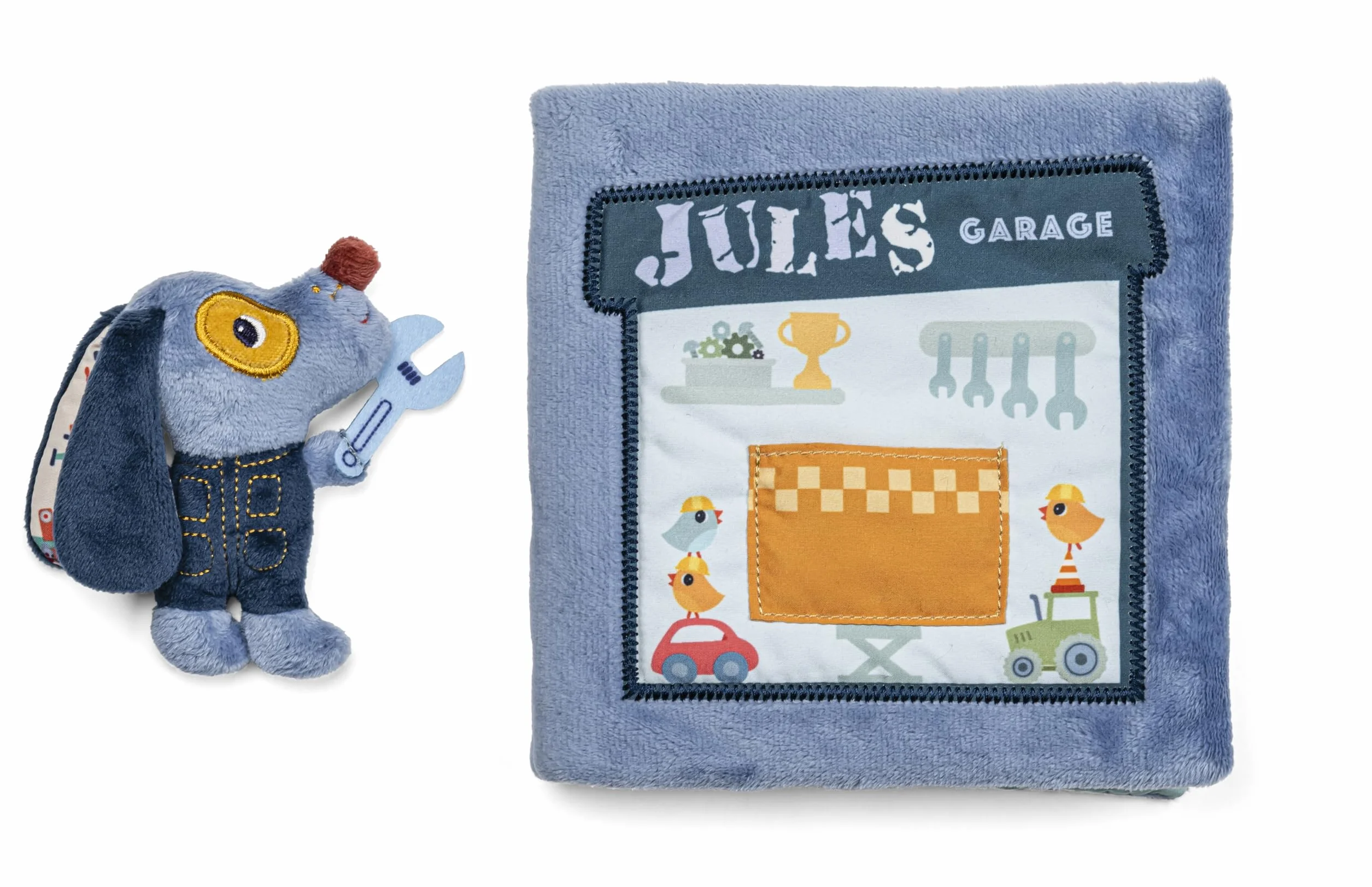 Lilliputiens - Libro di attività in Tessuto - Il Garage di Jules - Giocattolo educativo per Viaggi e casa - Sviluppo dei Sensi e coordinazione - dai 12 Mesi - 83585