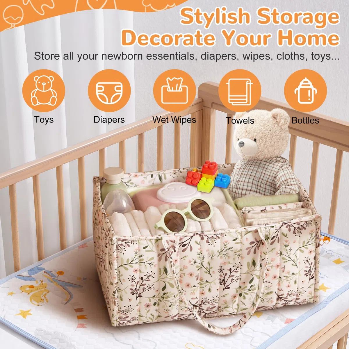 Organizer Pannolini Neonato, Cestino Porta Pannolini con Scomparti Rimovibili, Basket Bambino per Pannolinie salviette, Borsa Cambio Neonato, Cesta Porta Oggetti per Prodotti del Neonati