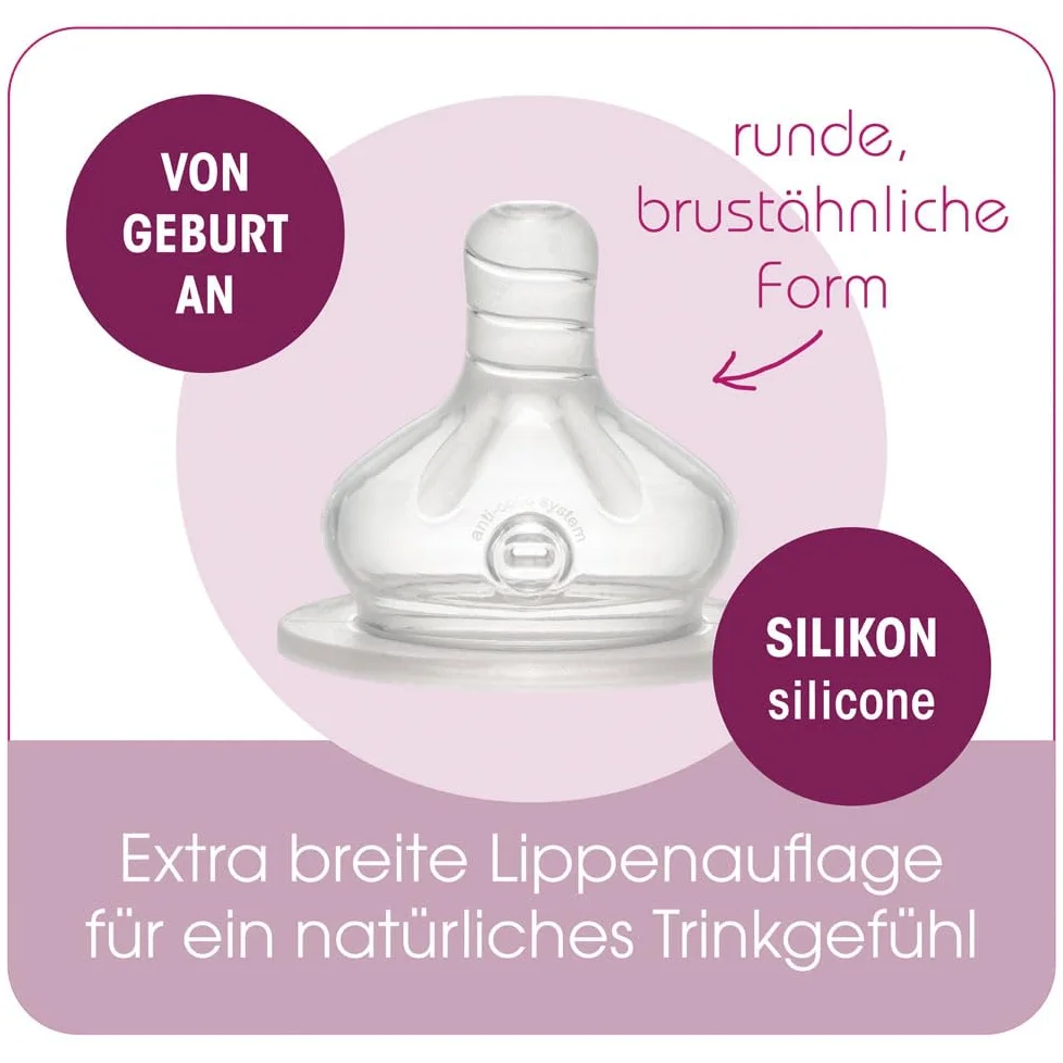 NIP Flacone in vetro a collo largo, 2 pezzi, 240 ml, anatomico, in silicone, misura 0+, latte