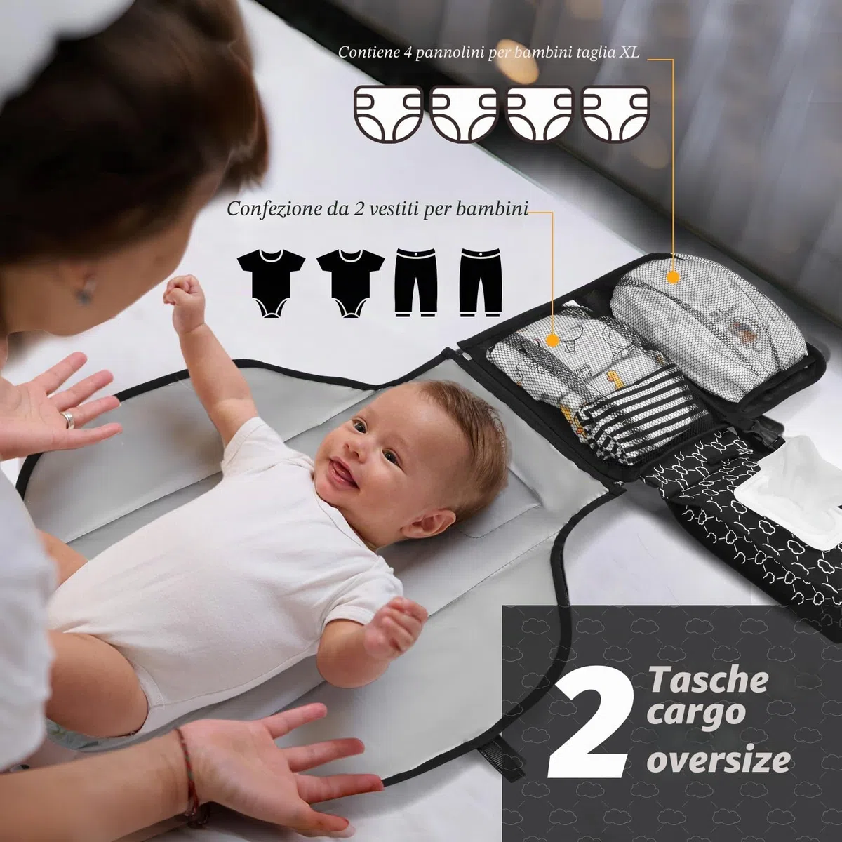 Fasciatoio Portatile Neonato - Fasciatoio Neonato Portatile Staccabile con Borsa per Salviette e Morbido Poggiatesta, Impermeabile Tappetino Viaggio（Nero)