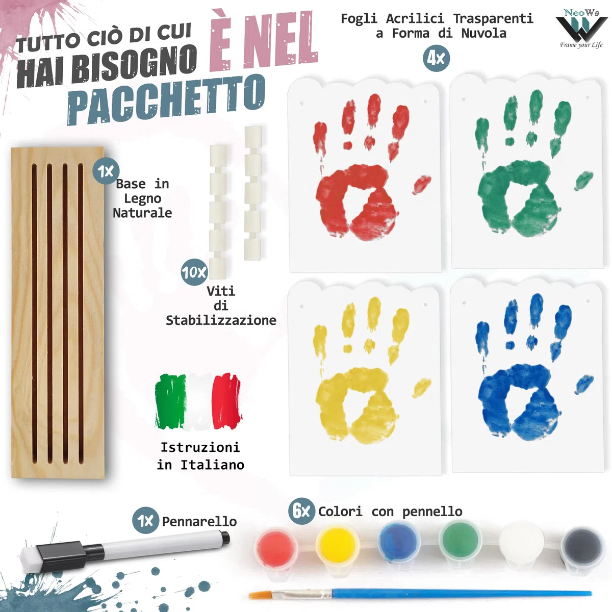 Kit impronte Mani Famiglia Con Base in Legno e Foglie a Forma di Nuvola per 4 Persone, Cornice Personalizzata per Dipingere le Mani del Bambino e Genitori Idee Regalo Originali Ricordi per Nonni