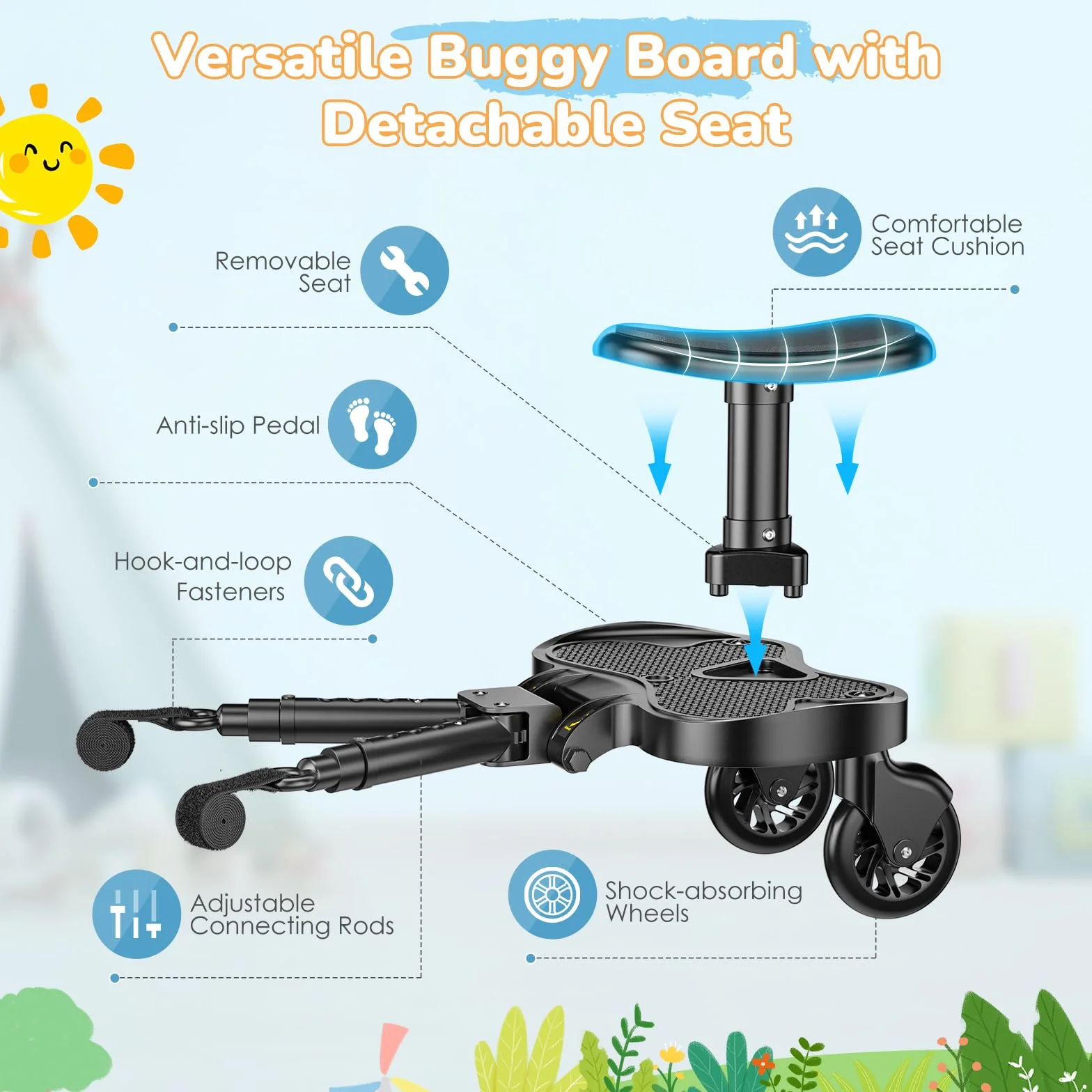 pedana passeggino universale Con Sedile, Portatili Seggiolino Passeggino Secondo Bambino, Compatibile con il 99% Delle Carrozzine, per Bambini Da 2 A 6 Anni Portata 25 kg