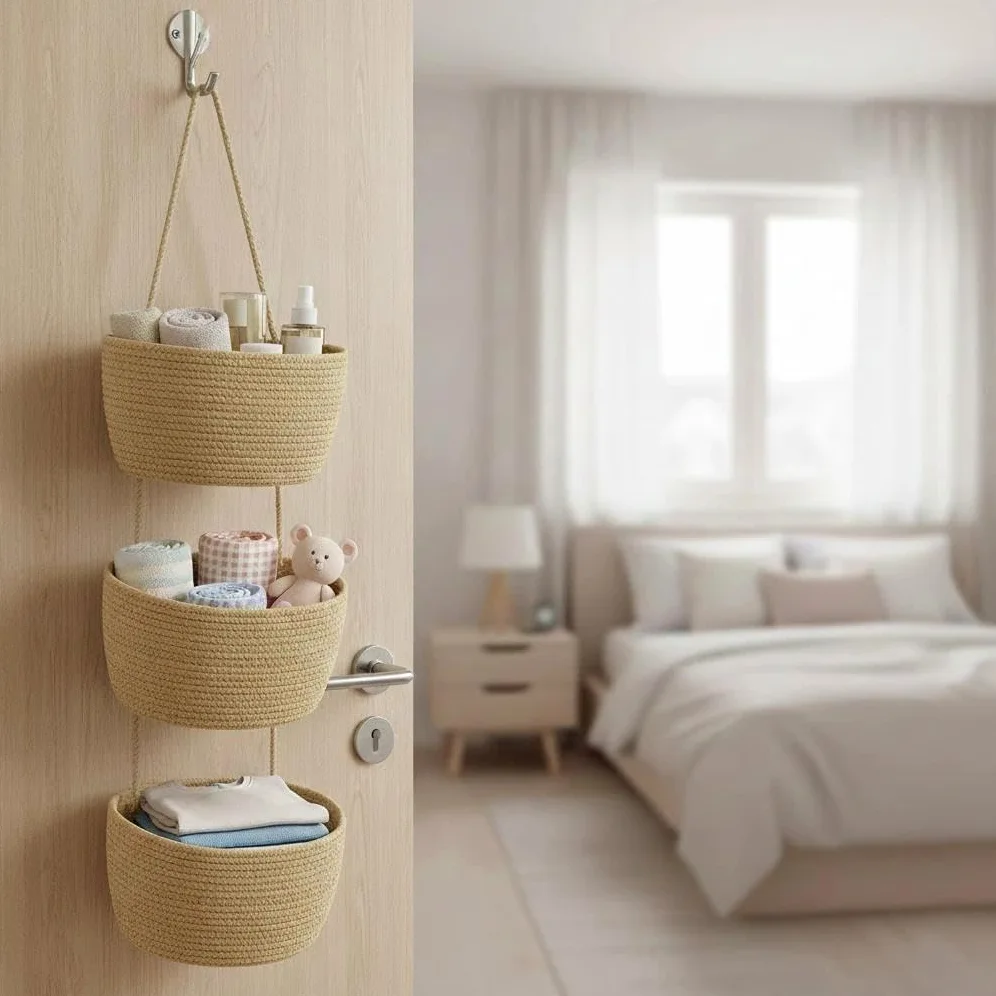 Organizer da appendere per porta e parete, cestino sospeso a 3 piani in corda di cotone intrecciata, sistema di archiviazione decorativo per bagno, cameretta dei bambini e camera da letto (B-khaki)
