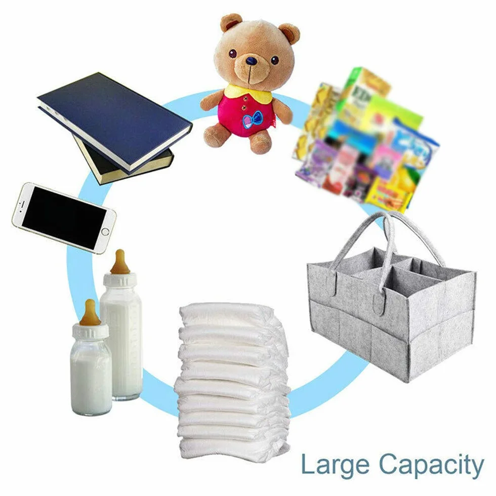 Cestino Portaoggetti per Neonati, Borsa in Feltro Baby Diaper Caddy Porta Pannolino Organizzatore con Scomparti, Portatile Fasciatoio Nursery Cestini, Sacchetto per Salviette, Grigio