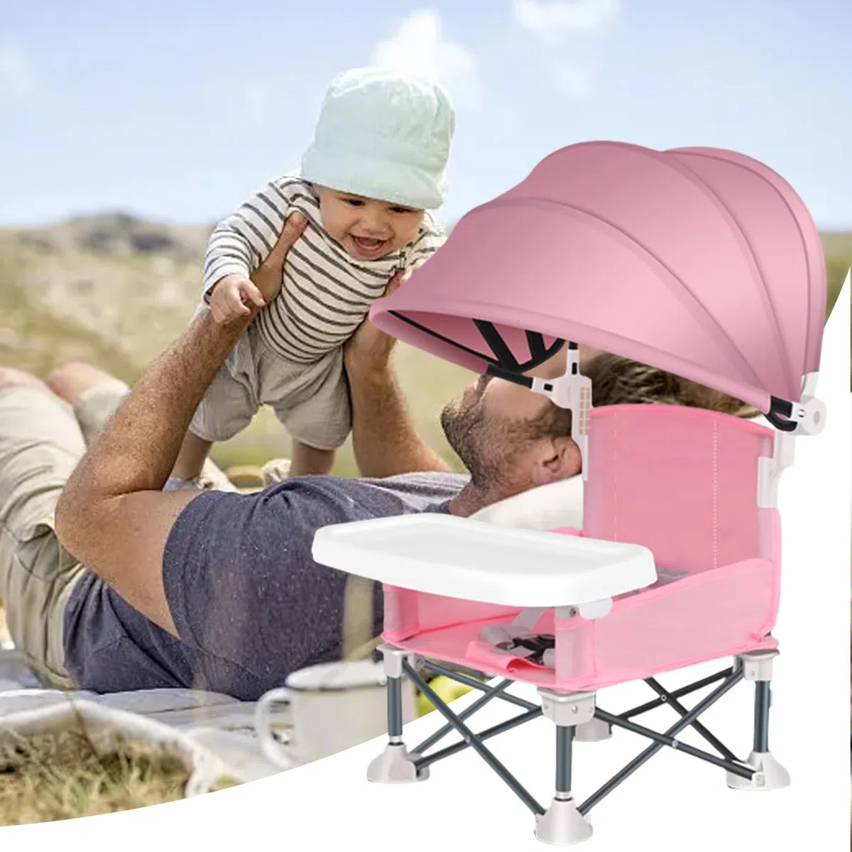 Seggiolino Pieghevole Per Bambini, Seggiolino da Viaggio con Vassoio per Pasti, Sedia Pieghevole Per Bambini Con Parasole Per Spiaggia Giardino Casa Campeggio Picnic Esterno