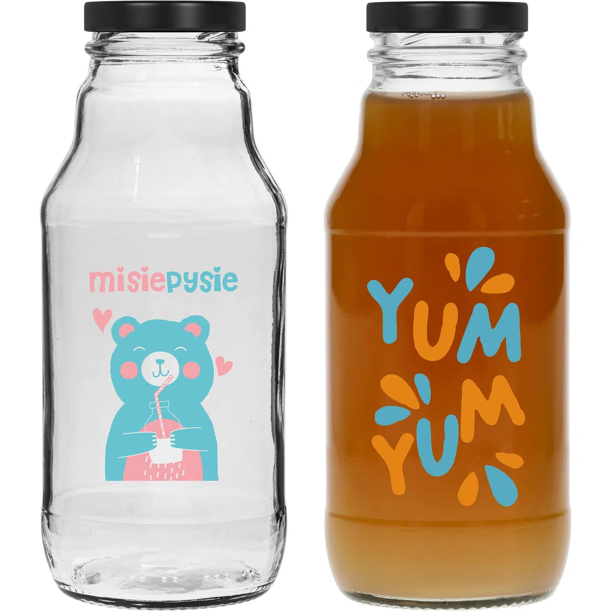 Browin 631331 - Bottiglie vuote in vetro da 330 ml, con tappo a vite, TO43, per smoothie, succhi di frutta, latte, bottiglia da 330 ml, con stampa e tappo a vite, bel design, 6 pezzi