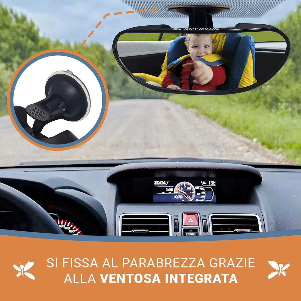 COZY GREENS Specchio Auto Per Bambini Parabrezza Per Neonati Frontale, Specchio Di Sicurezza Per Bambini Infrangibile, Ventosa Regolabile (S)