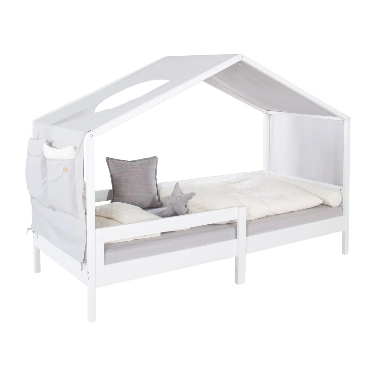 roba Copertura per Letti Montessori 90 x 200 cm - Accessorio Adatto per trasformare Il Letto in Un baldacchino - con 3 Tasche portaoggetti e Finestra sul Tetto - Grigio Chiaro