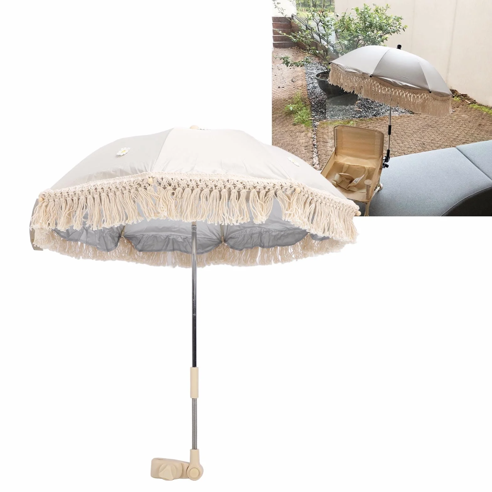 dsheng Ombrelloni da Esterno per Bambini, Ombrellone per Passeggino con Morsetto Regolabile, Ombrellino per Protezione UV per Bambini per Carrello Sedia a Rotelle Sedia da (Beige con