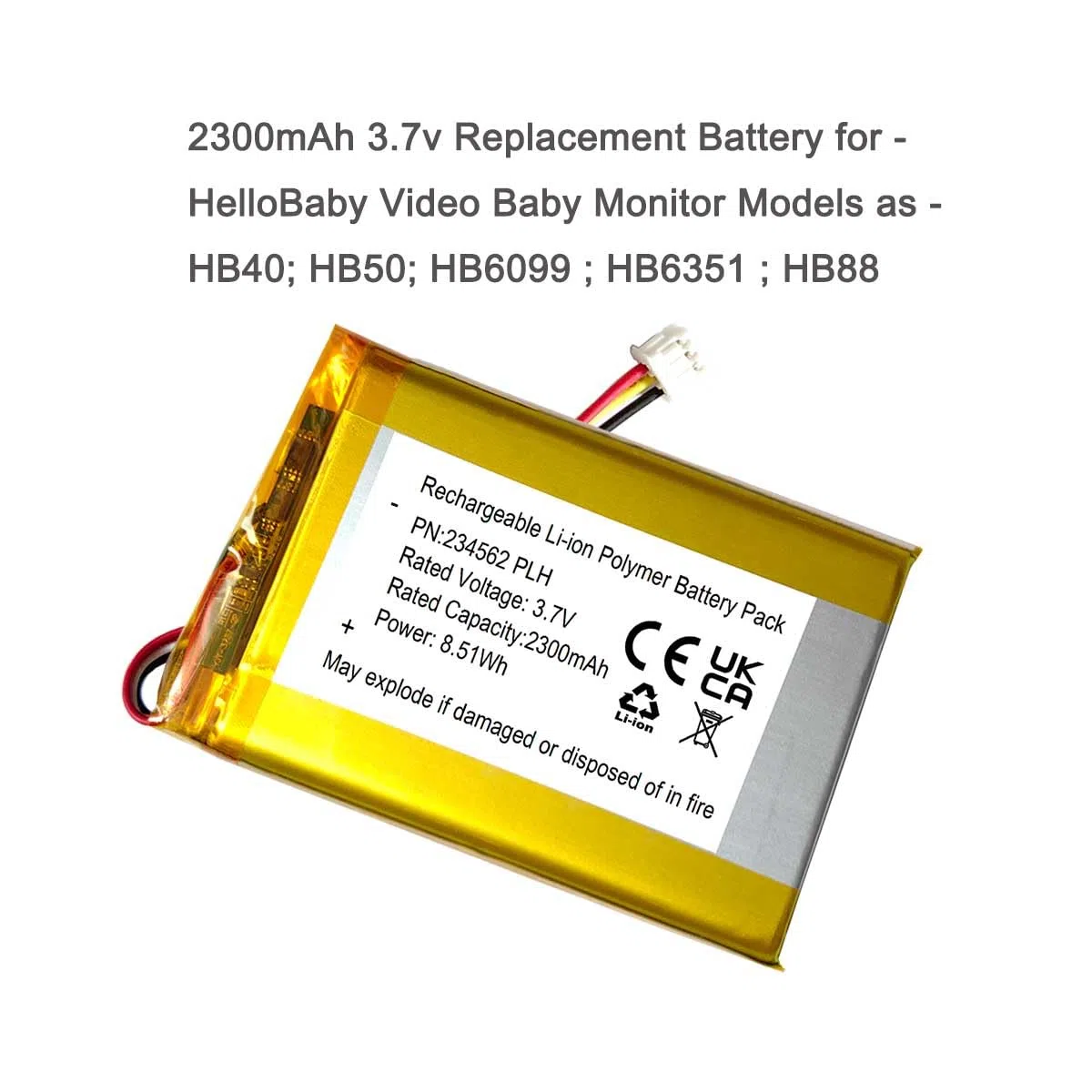 Batteria sostitutiva da 2300 mAh 3,7 V per HelloBaby HB40, HB50, HB6351, peso batteria 42 grammi