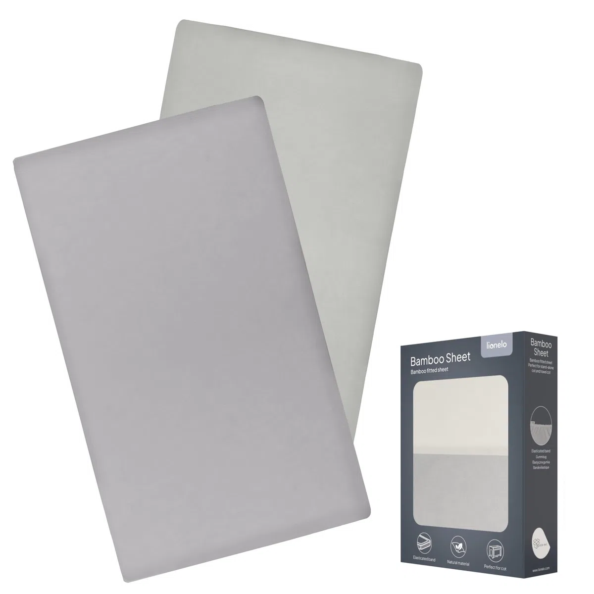 LIONELO Lenzuola con angoli per lettino neonato, Set da 2, 118x60 cm, Cotone di bambù naturale, Traspiranti, Ideali per materasso di lettino, lettino da viaggio/Campeggio o culla, Bianco/Grigio