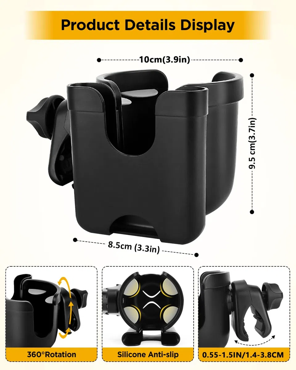 Portabicchieri universale per passeggino con custodia per cellulare, 2 in 1, per passeggini, rotazione a 360 gradi, per bici, passeggino, sedia a rotelle, deambulatore, bicicletta, si adatta alla