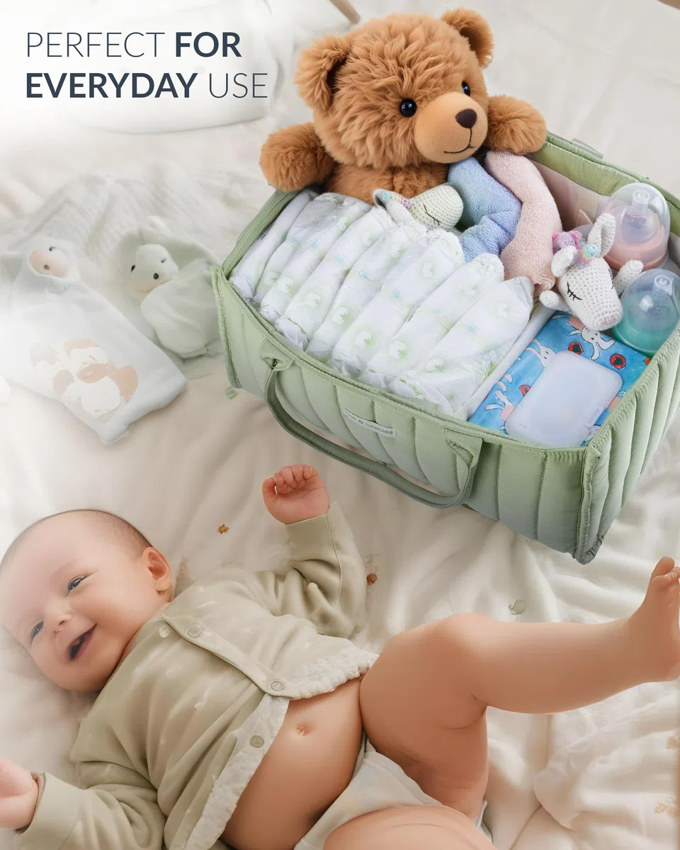 love & lullabies Organizer per pannolini, elegante cestino trapuntato per il cambio del bambino, essenziale per neonati, cestino per baby shower, organizer per future mamme (verde salvia)