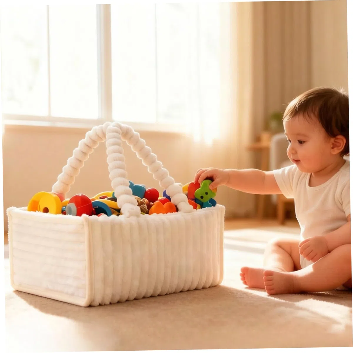 Portapannolini per bambini, Portapannolini portatile con divisori rimovibili, Contenitore in morbida flanella per oggetti essenziali, giocattoli e forniture per bambini, Bianco