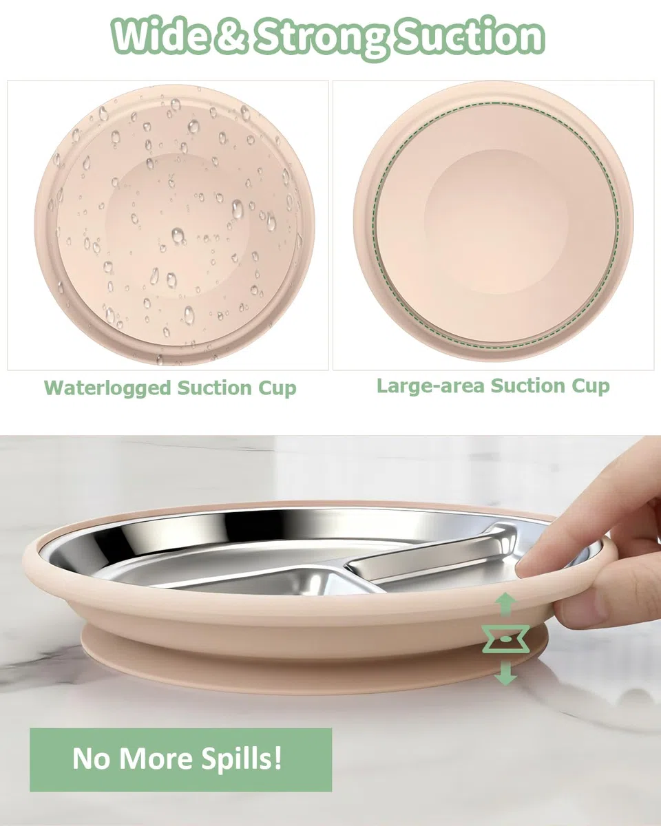 2 piatti per bambini in acciaio inox con grande ventosa, diametro 20 cm, con custodia in silicone rimovibile, lavabili in lavastoviglie, atossici e senza BPA (verde bianco)