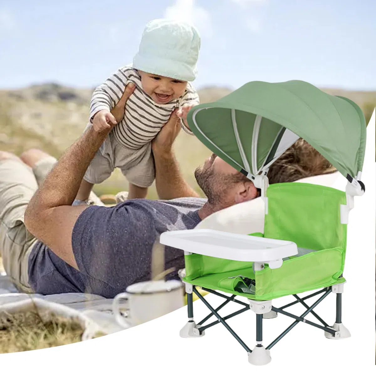 Seggiolino portatile per bambini, da viaggio, con vassoio per mangiare, pieghevole, con tettuccio parasole, per casa, viaggi, campeggio, picnic, prato, spiaggia